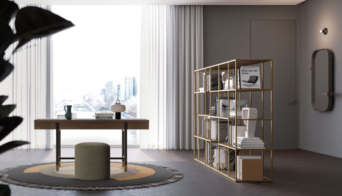Mesa de trabajo con estantería metalizada en dorado.